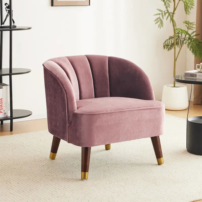 Fauteuil d'appoint tonneau en velours avec pieds en bois massif