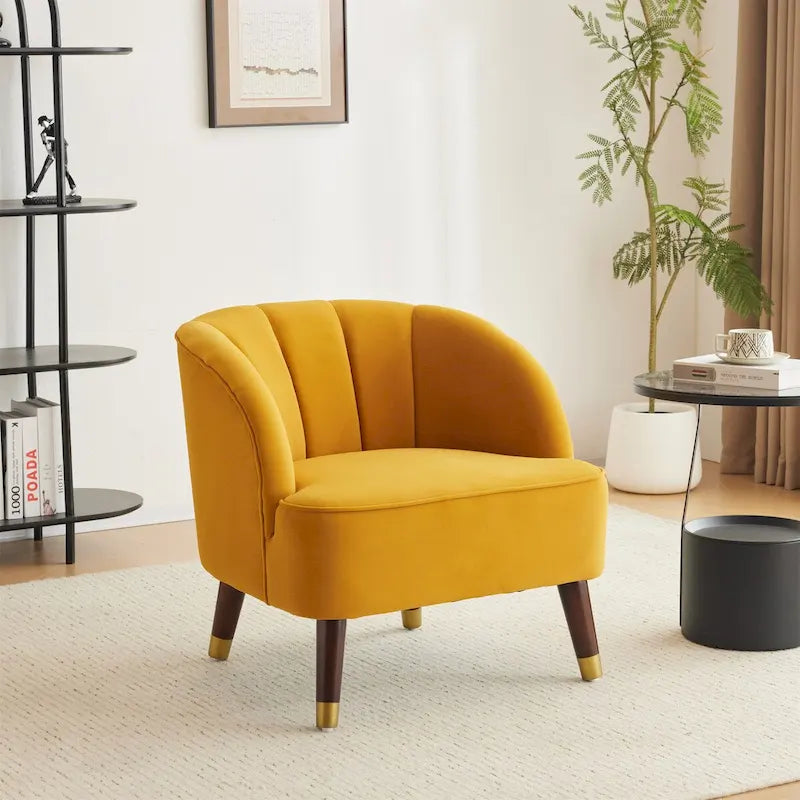 Fauteuil d'appoint tonneau en velours avec pieds en bois massif