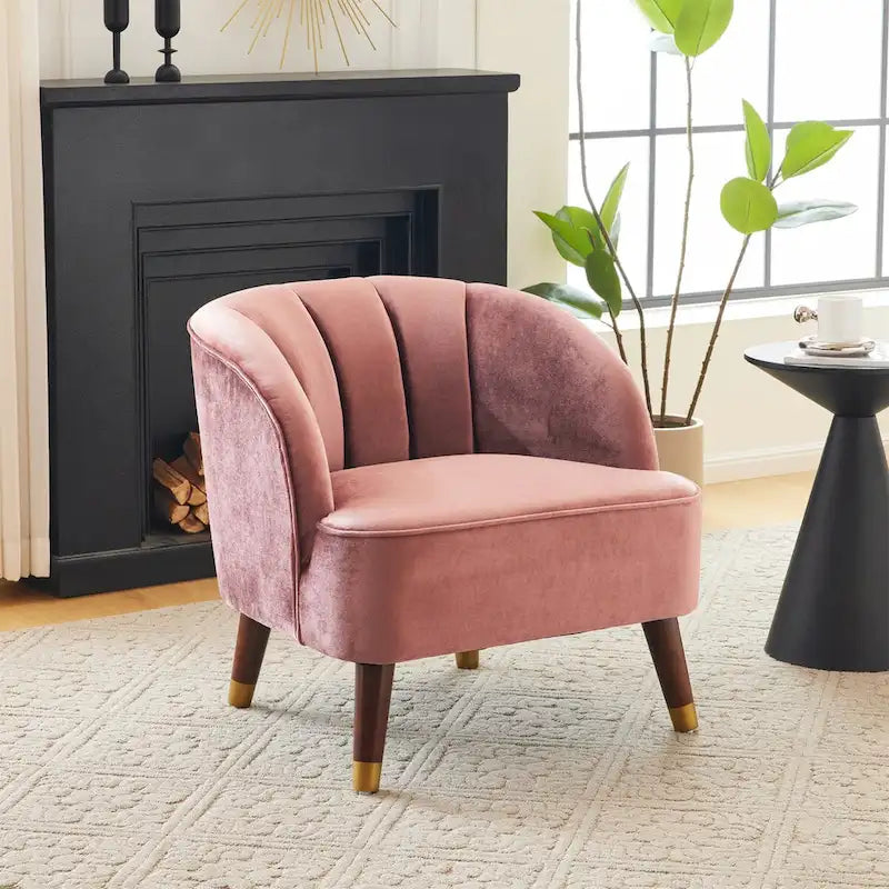 Fauteuil d'appoint tonneau en velours avec pieds en bois massif