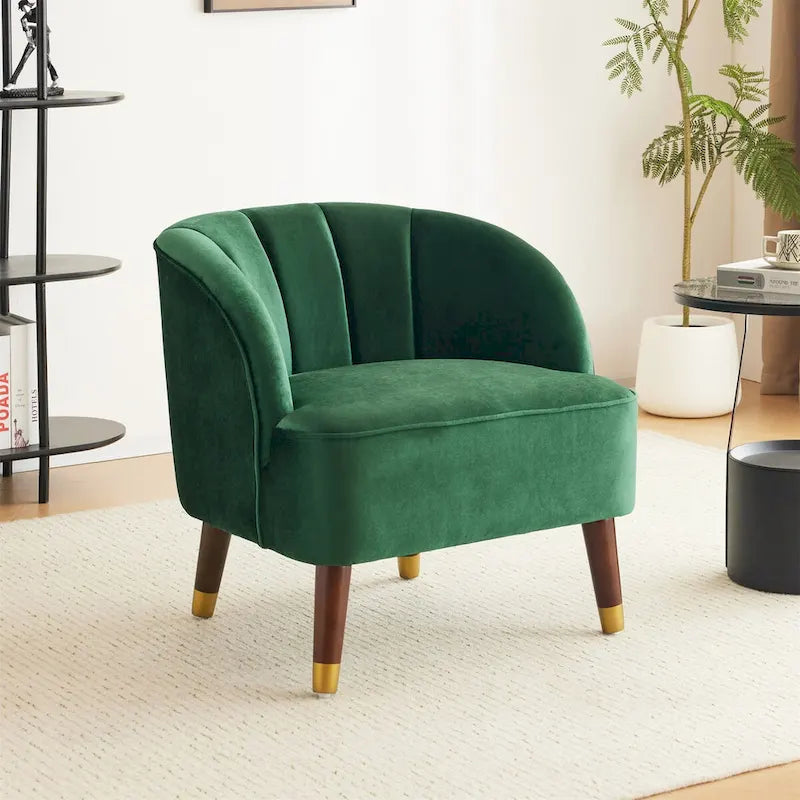 Fauteuil d'appoint tonneau en velours avec pieds en bois massif