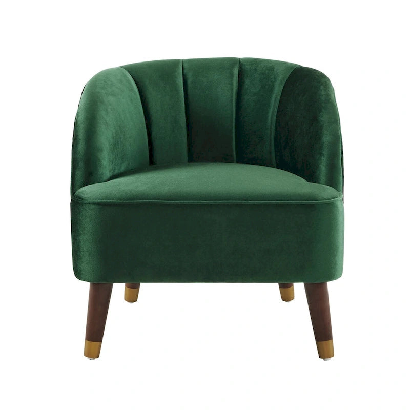 Fauteuil d'appoint tonneau en velours avec pieds en bois massif