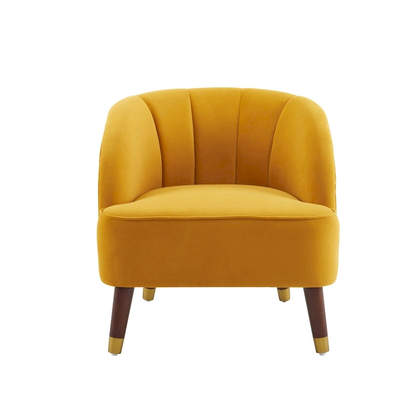 Fauteuil d'appoint tonneau en velours avec pieds en bois massif