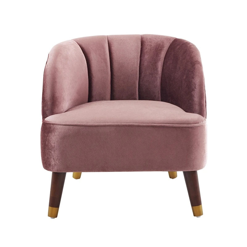 Fauteuil d'appoint tonneau en velours avec pieds en bois massif
