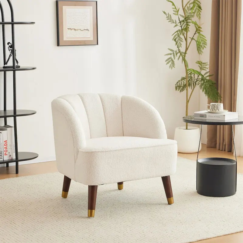 Fauteuil d'appoint tonneau en velours avec pieds en bois massif